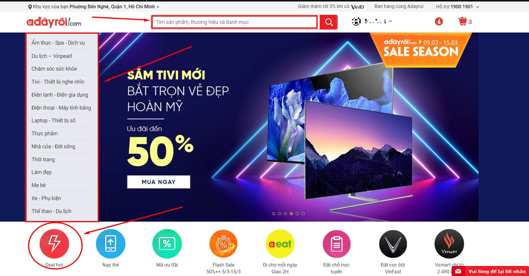 Alt: Giao diện tìm kiếm sản phẩm trên Adayroi. Có ba cách tìm kiếm: nhập từ khóa vào thanh tìm kiếm, chọn danh mục sản phẩm hoặc xem các sản phẩm nổi bật trên trang chủ.