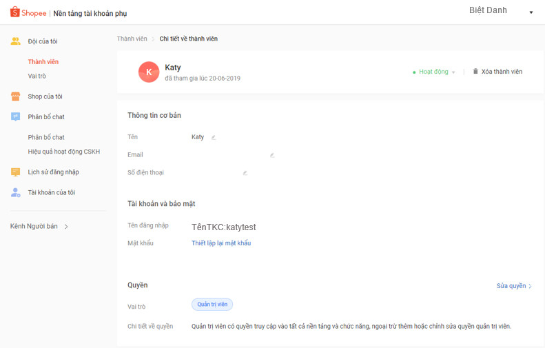alt text: Chỉnh sửa thông tin tài khoản phụ Shopee
