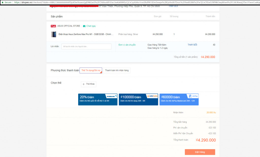 alt text: Chọn phương thức thanh toán thẻ tín dụng/ghi nợ trên Shopee