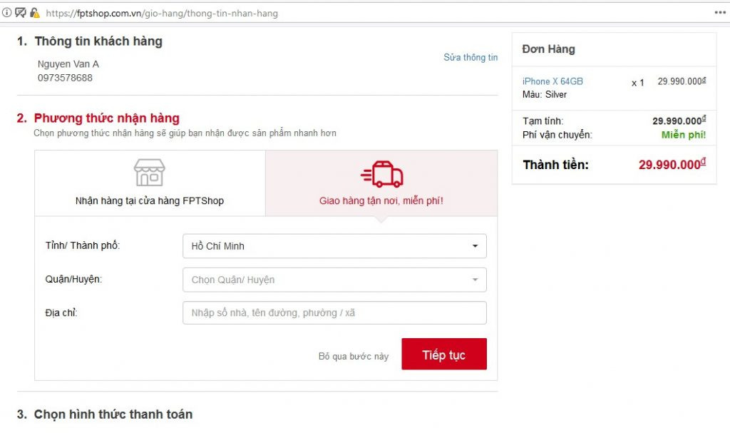 alt text: Điền địa chỉ giao hàng trên FPT Shop bao gồm tỉnh/thành phố, quận/huyện và địa chỉ chi tiết.