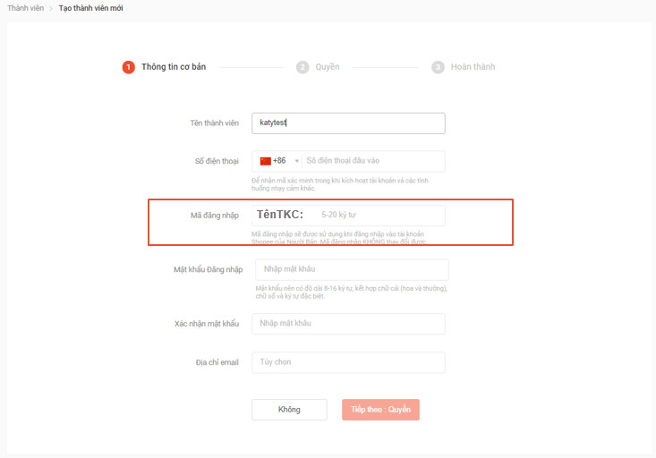 alt text: Điền thông tin cho tài khoản phụ Shopee