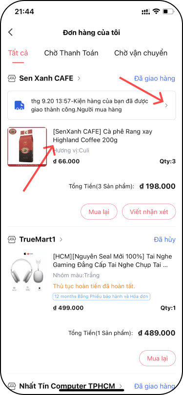 Alt text: Hình ảnh minh họa các trạng thái đơn hàng trên ứng dụng Lazada