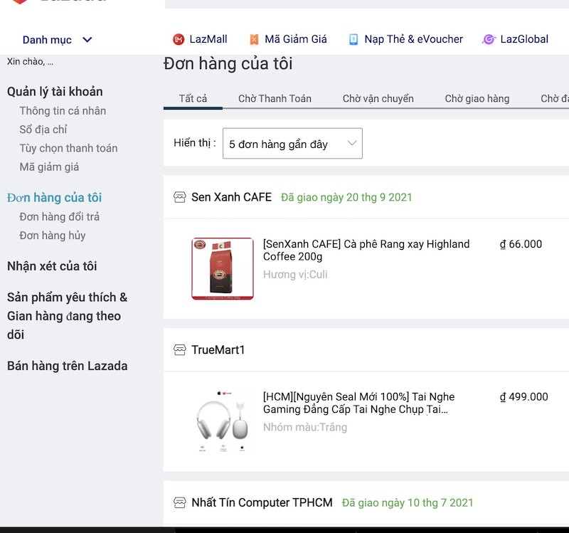 Alt text: Hình ảnh minh họa giao diện đơn hàng trên website Lazada