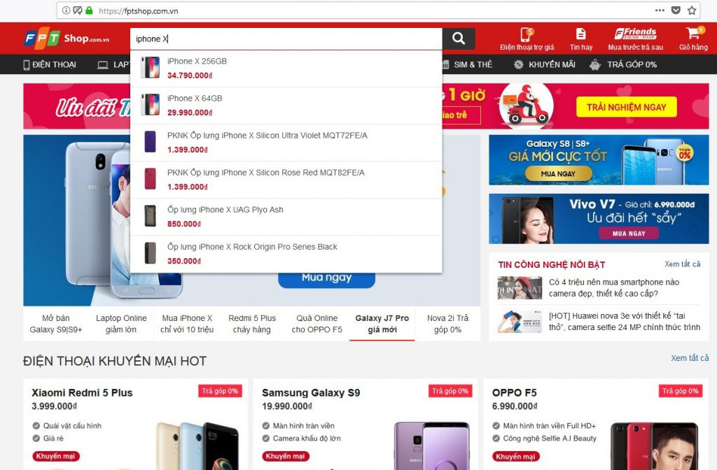 alt text: Kết quả tìm kiếm iPhone X trên FPT Shop với các tùy chọn bộ nhớ và màu sắc.