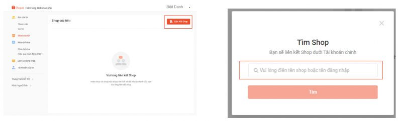 alt text: Liên kết shop với tài khoản chính trên Shopee