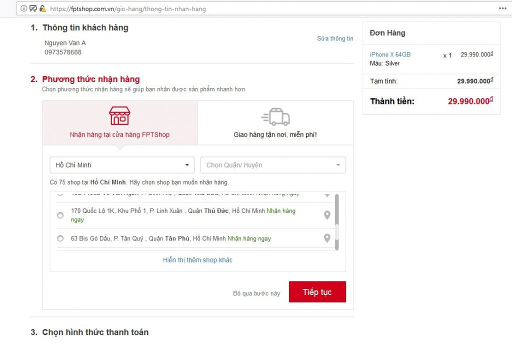 alt text: Lựa chọn phương thức nhận hàng trên FPT Shop: Nhận tại cửa hàng hoặc Giao hàng tận nơi.