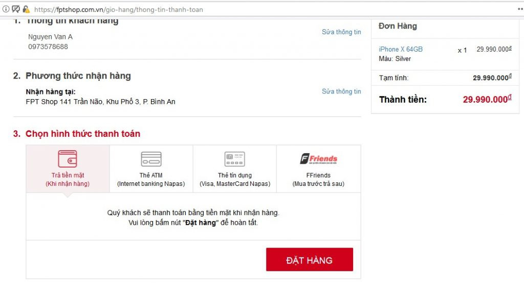alt text: Lựa chọn phương thức thanh toán trên FPT Shop: Tiền mặt khi nhận hàng, Thẻ ATM/Visa/Master, và chương trình F.Friends.