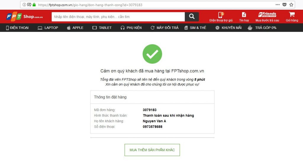 alt text: Màn hình xác nhận đơn hàng thành công trên FPT Shop.