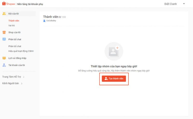 alt text: Tạo thành viên mới (tài khoản phụ) trên Shopee