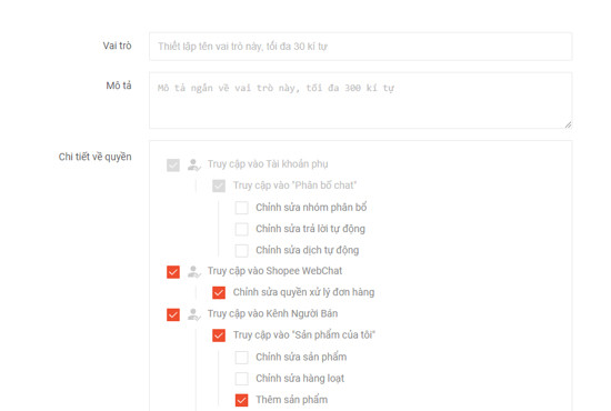 alt text: Thiết lập quyền cho vai trò của tài khoản phụ Shopee