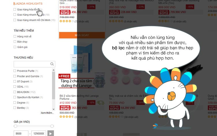 Bộ lọc sản phẩm ở cột bên trái trên Lazada