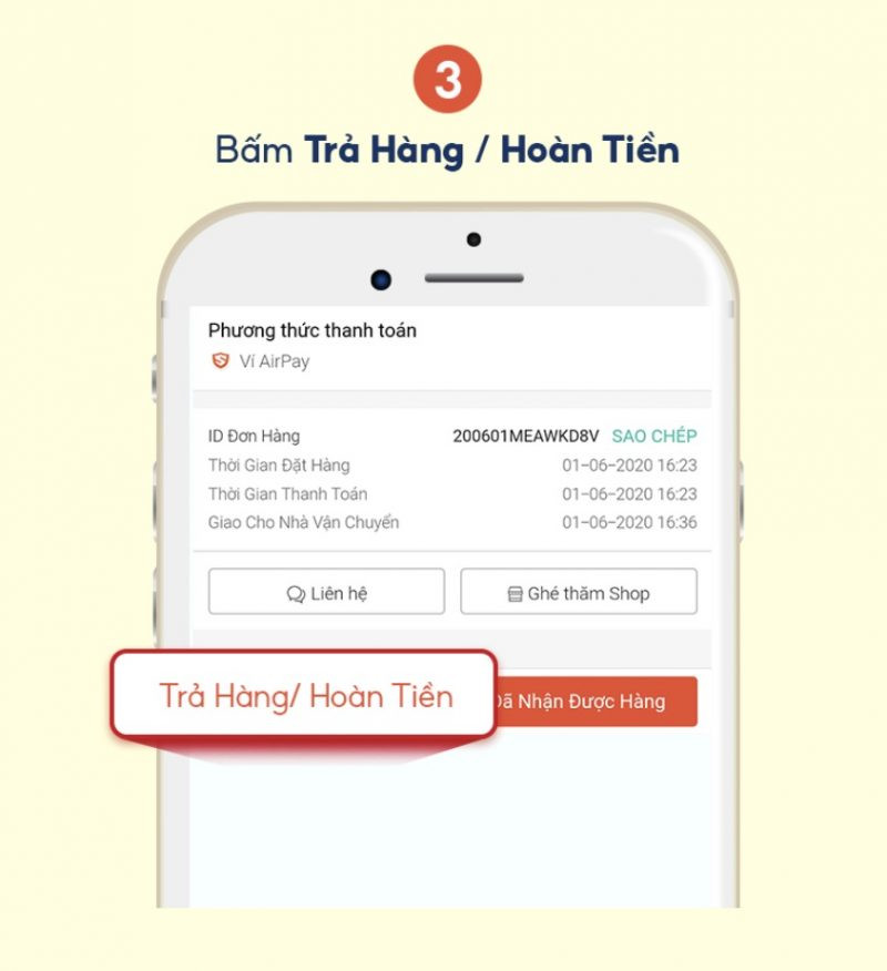 Bước 3: Bấm Trả hàng / Hoàn tiền