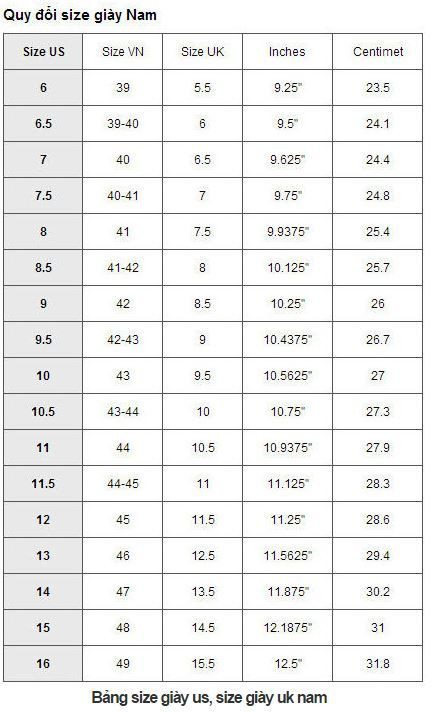 Cách tính size giày nam