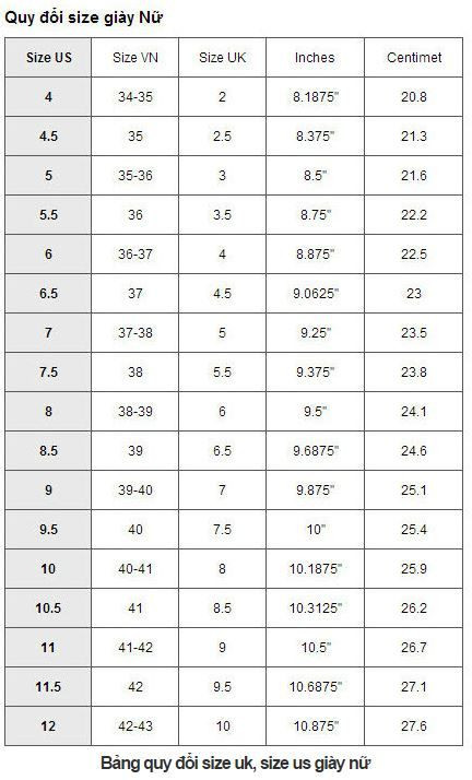 Cách tính size giày nữ