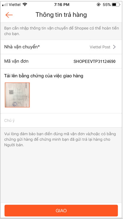 Cập nhật bằng chứng đã gửi trả hàng trên Shopee, bao gồm thông tin vận chuyển và hình ảnh hóa đơn.