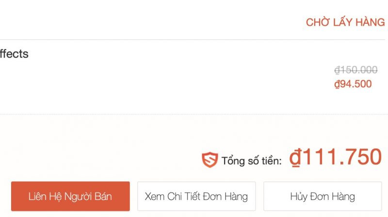 Chi tiết đơn hàng Shopee ở trạng thái Chờ Lấy Hàng