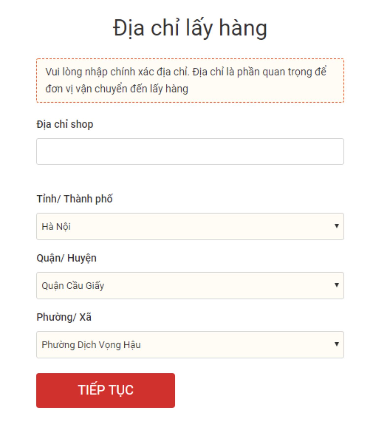 Điền địa chỉ lấy hàng trên Sendo