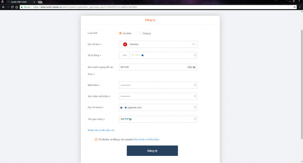 Điền thông tin đăng ký bán hàng trên Lazada