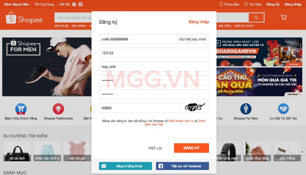 Điền thông tin đăng ký Shopee