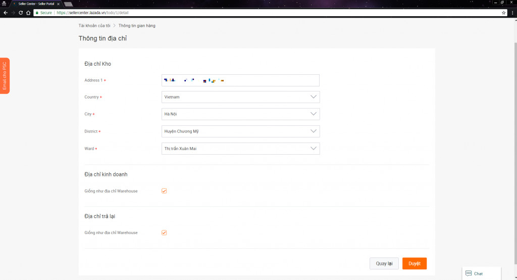 Điền thông tin địa chỉ trên Lazada