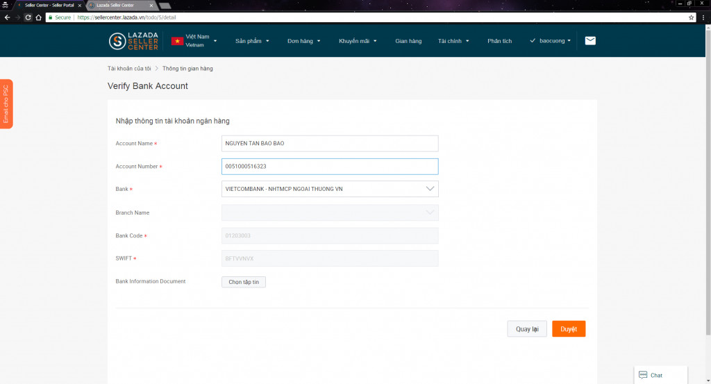Điền thông tin ngân hàng trên Lazada