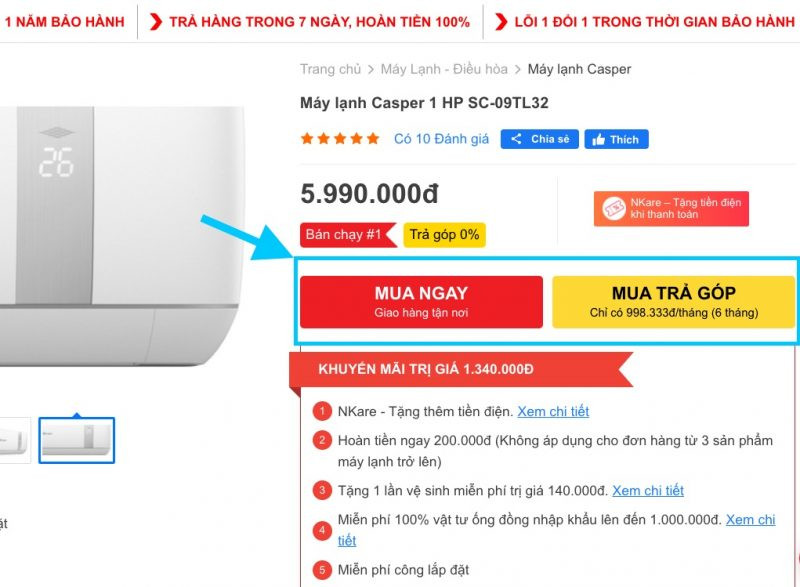 Giao diện sản phẩm trên Nguyenkim.com