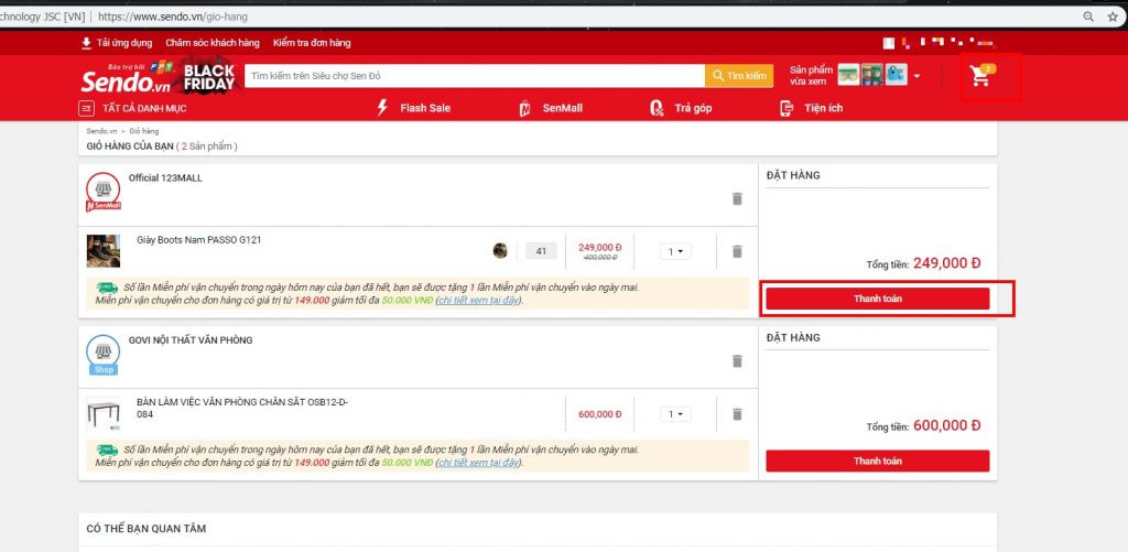 Giỏ hàng trên Sendo