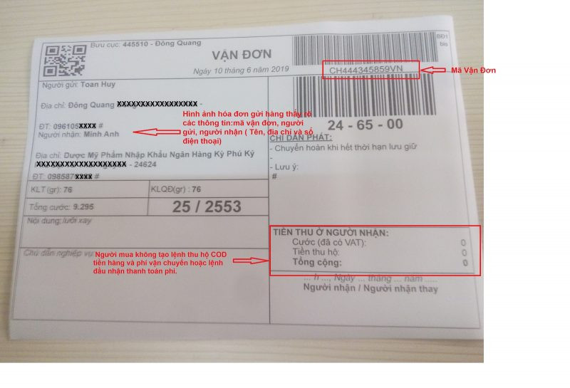 Hóa đơn vận chuyển khi trả hàng Shopee, bao gồm mã vận đơn và thông tin người gửi, người nhận.
