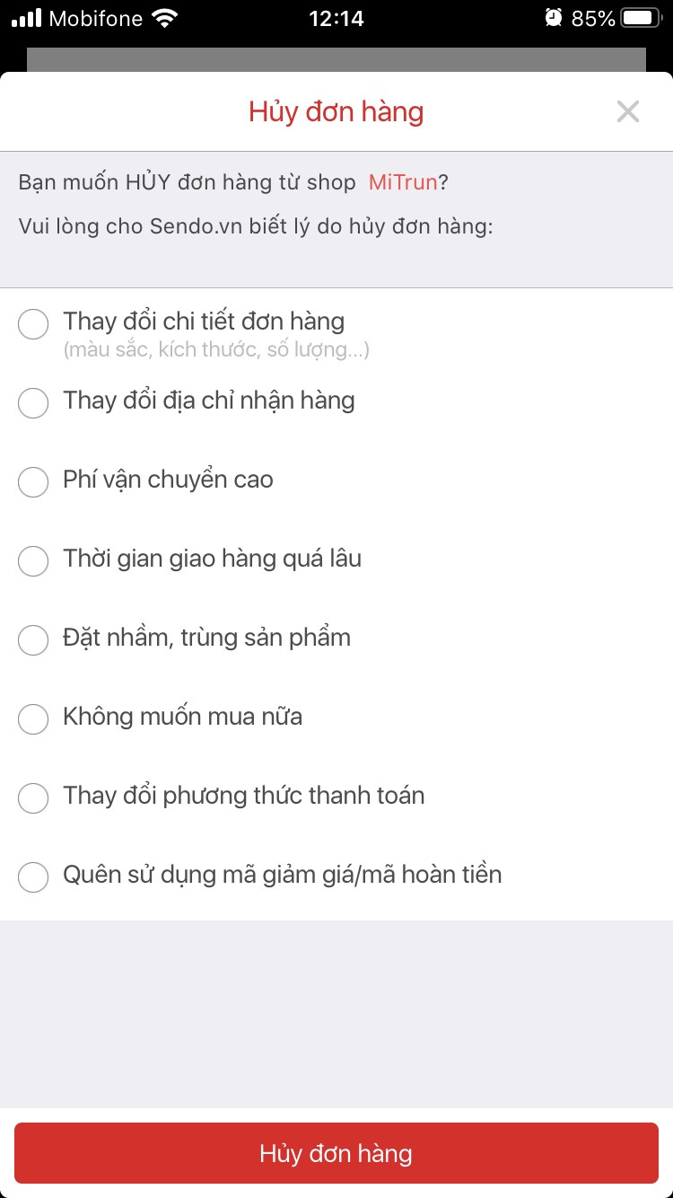 Hướng dẫn hủy đơn hàng Sendo trên app - Chọn lý do hủy