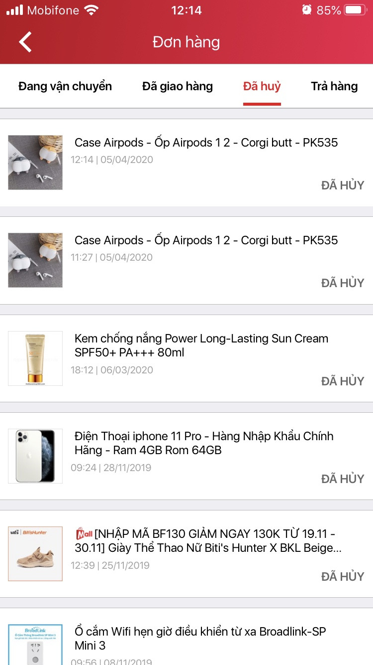 Hướng dẫn hủy đơn hàng Sendo trên app - Danh sách đơn hàng đã hủy