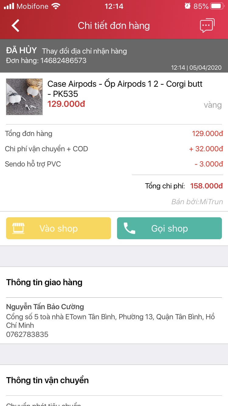 Hướng dẫn hủy đơn hàng Sendo trên app - Đơn hàng đã hủy