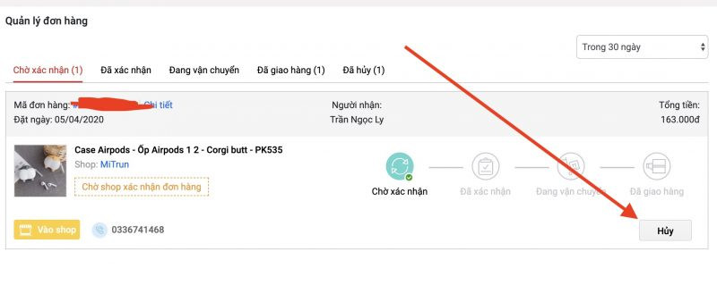 Hướng dẫn hủy đơn hàng Sendo trên web - Chọn đơn hàng chờ xác nhận