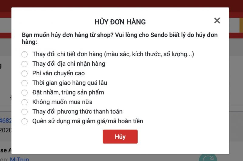 Hướng dẫn hủy đơn hàng Sendo trên web - Chọn lý do hủy