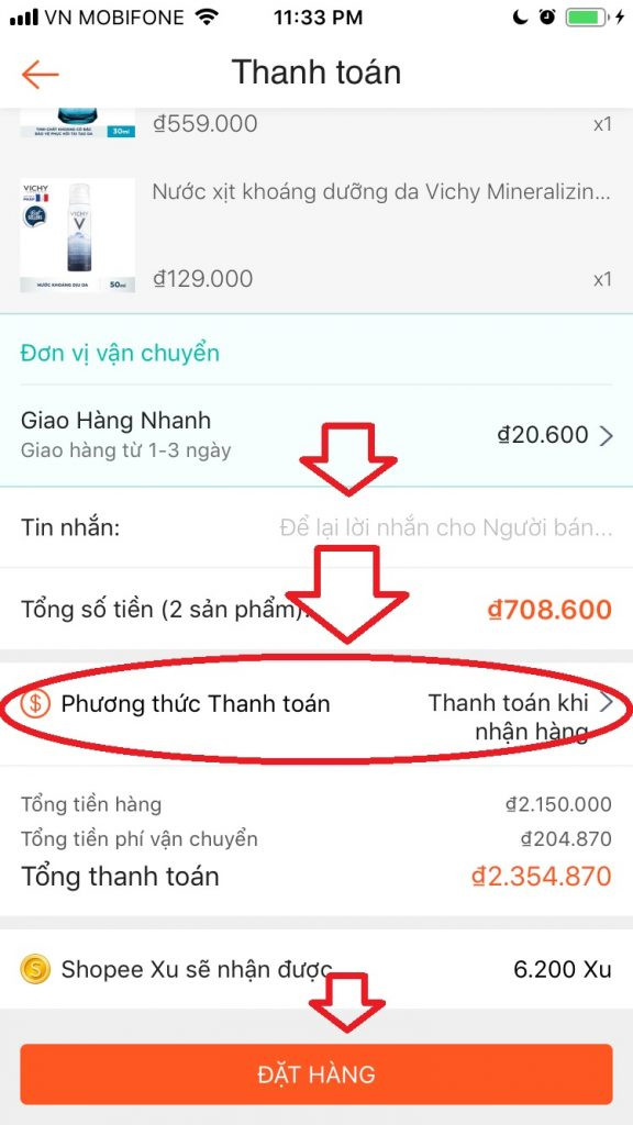 Hướng dẫn mua sắm Shopee App bước thanh toán