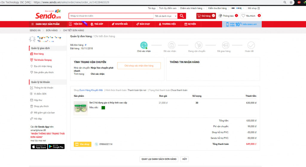 Hủy đơn hàng trên Sendo