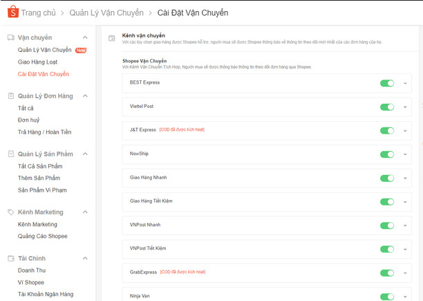 Kích hoạt đơn vị vận chuyển trên website Shopee