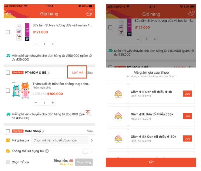 Lưu mã giảm giá Shopee từ giỏ hàng