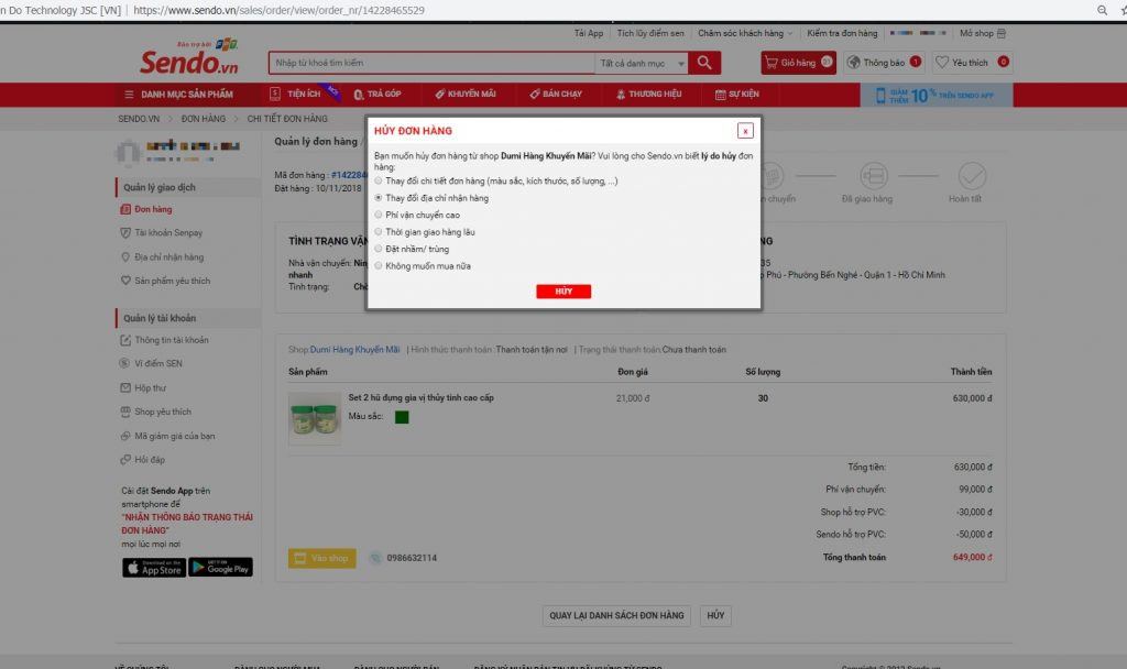 Lý do hủy đơn hàng