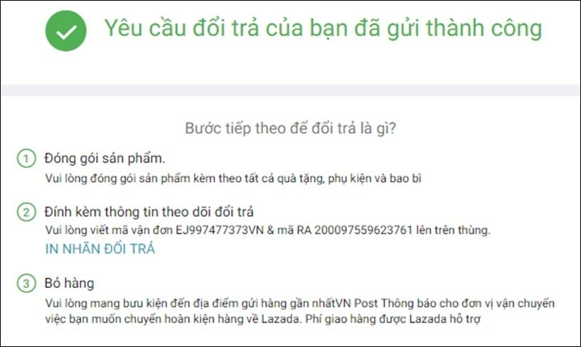 Minh họa giao diện in nhãn đổi trả trên Lazada
