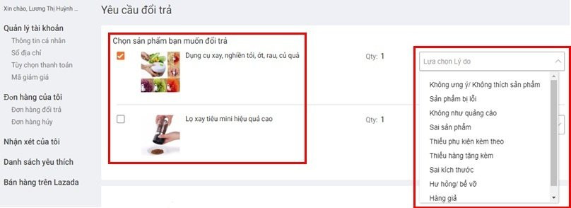 Minh họa lựa chọn lý do trả hàng trên Lazada
