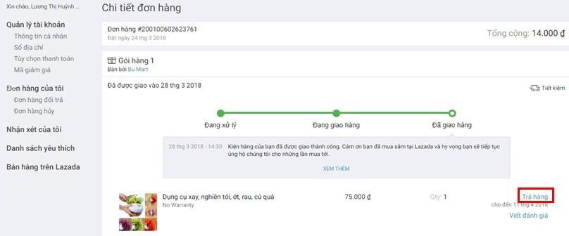 Minh họa nút Trả hàng trên giao diện Lazada