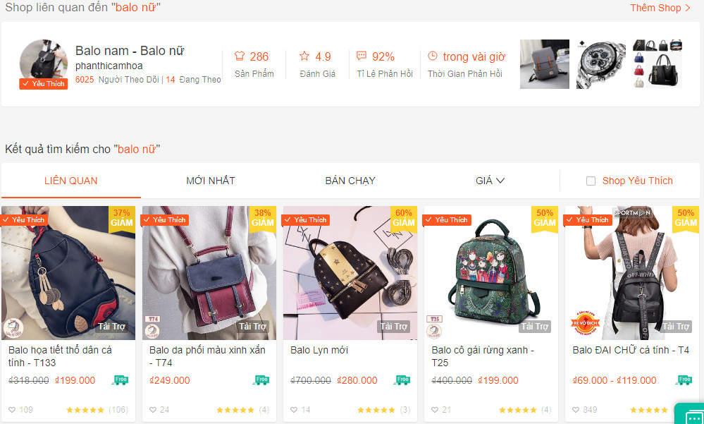 Mua hàng Shopee, kết quả cho từ khóa "Balo nữ"