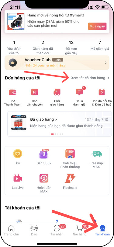 Mục "Đơn hàng của tôi" trên ứng dụng Lazada
