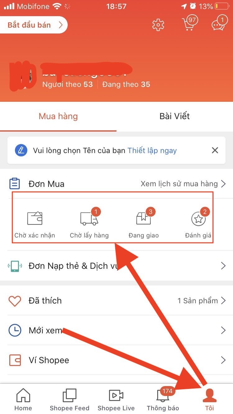 Mục Đơn Hàng trên ứng dụng Shopee
