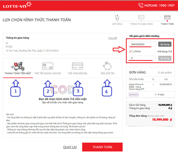 Hướng dẫn thanh toán đơn hàng trên lotte.vn