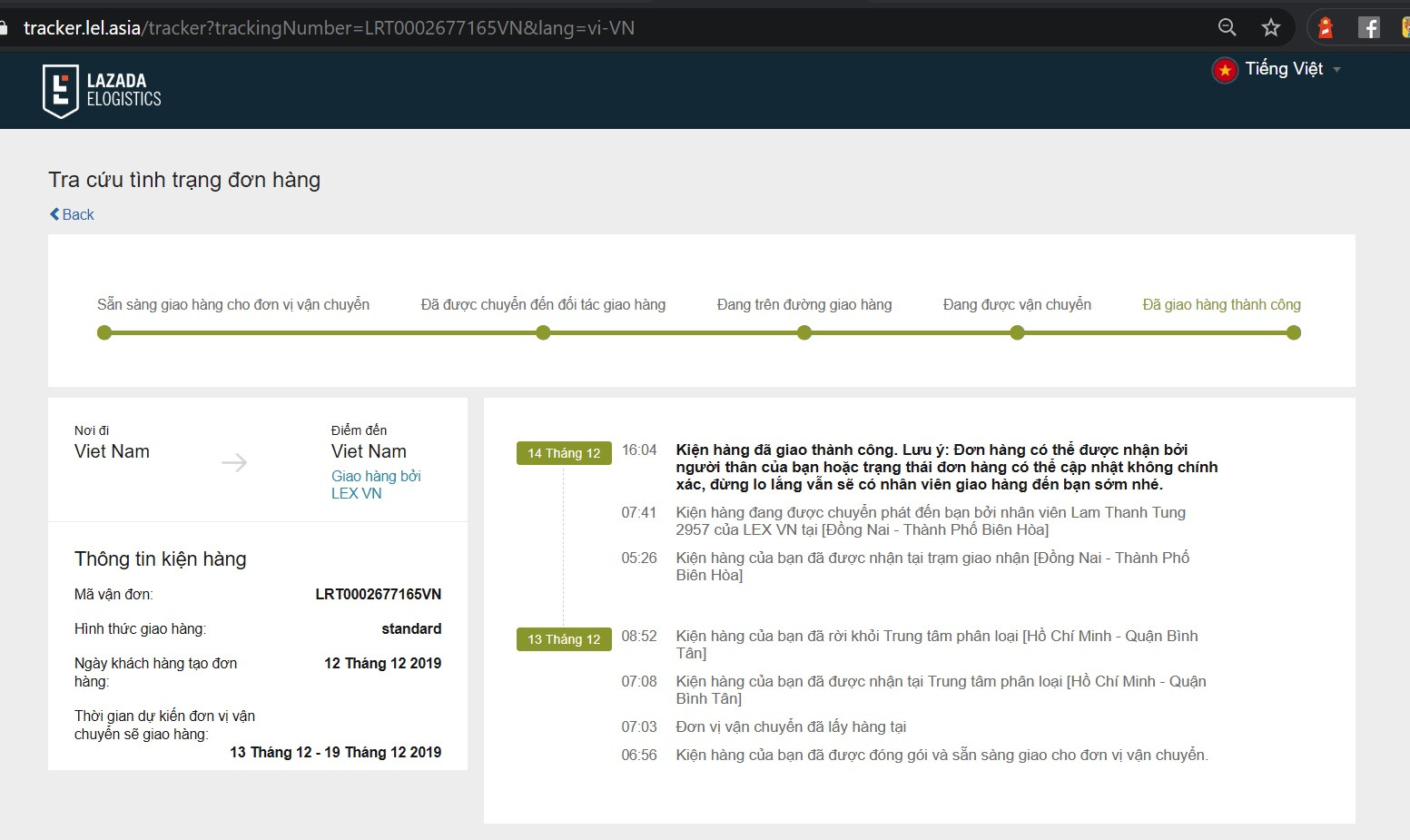 Nhập mã vận đơn trên trang web Lazada Express Tracking