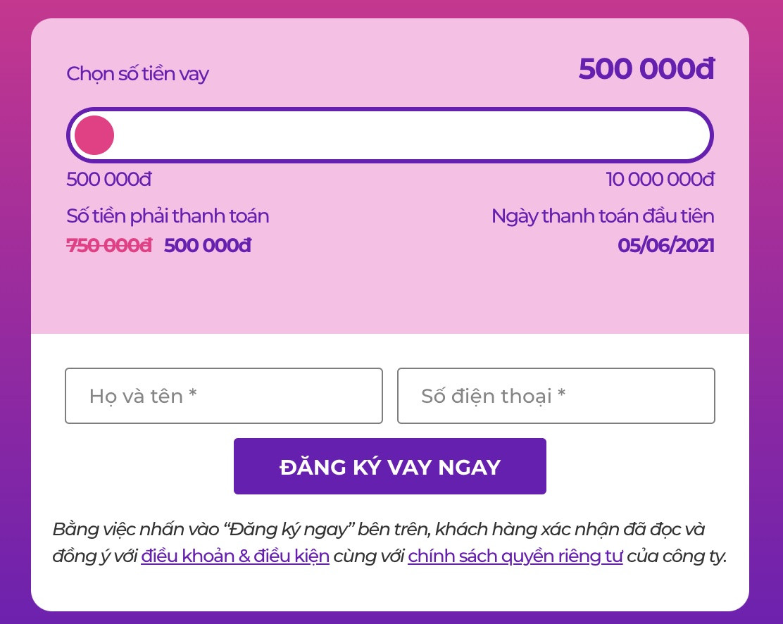 Nhập thông tin cá nhân để vay tiền Takomo