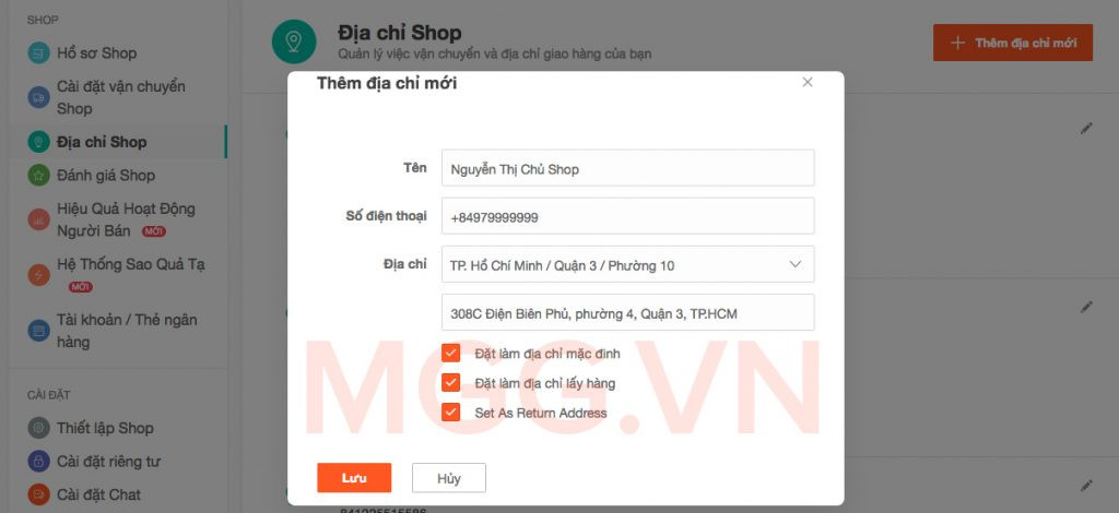 Thêm địa chỉ Shop bán hàng trên Shopee.vn