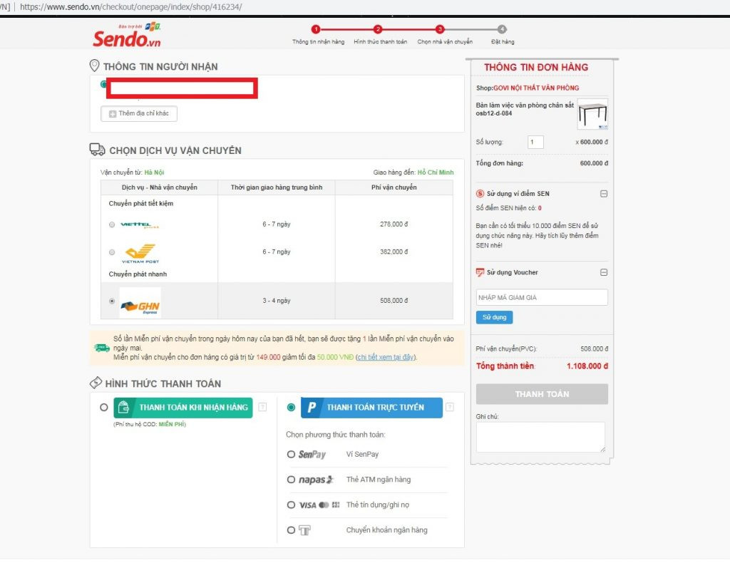 Thông tin thanh toán trên Sendo