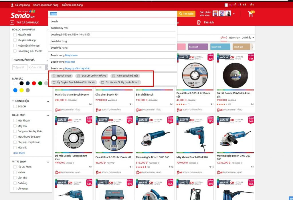 Tìm kiếm sản phẩm trên Sendo
